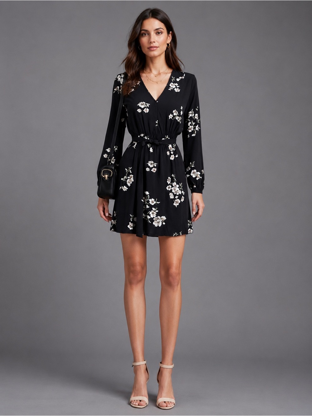 GAP Black Floral V-Neck Long Sleeve Belted Dress